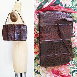 Vintage 50s/60s Genuine Alligator Crocodile Skin Frame Brown Handbag Purse